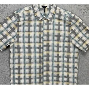 Goodman Brand Adult Men Button Up Shirt XL Gray Yellow Plaid Short Sleeve Casual